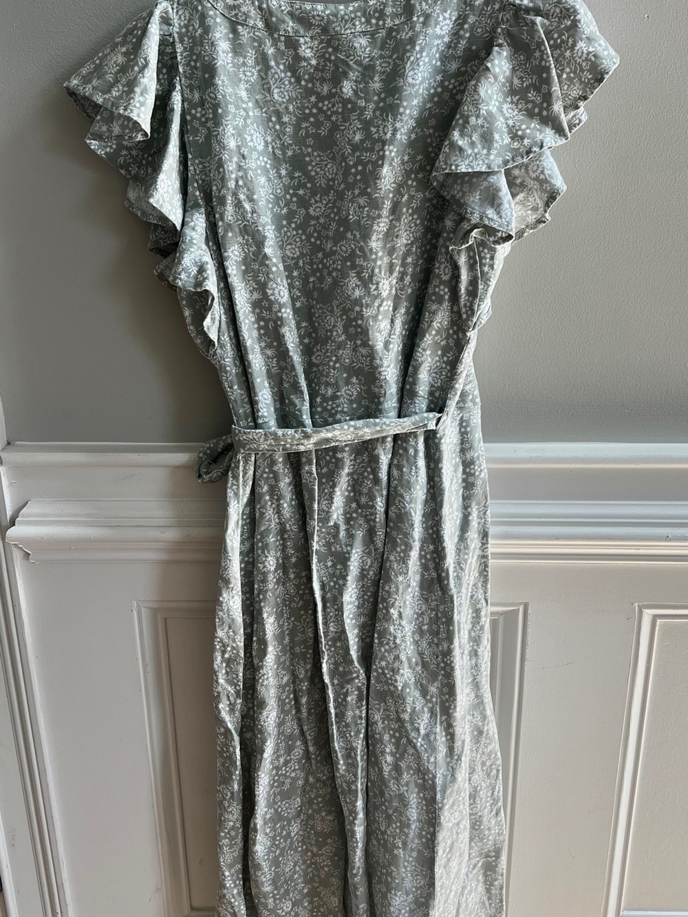 Madewell Medium Linen Blend Floral Wrap Maxi Dress Sage Green Ruffle Sleeve - Picture 3 of 8